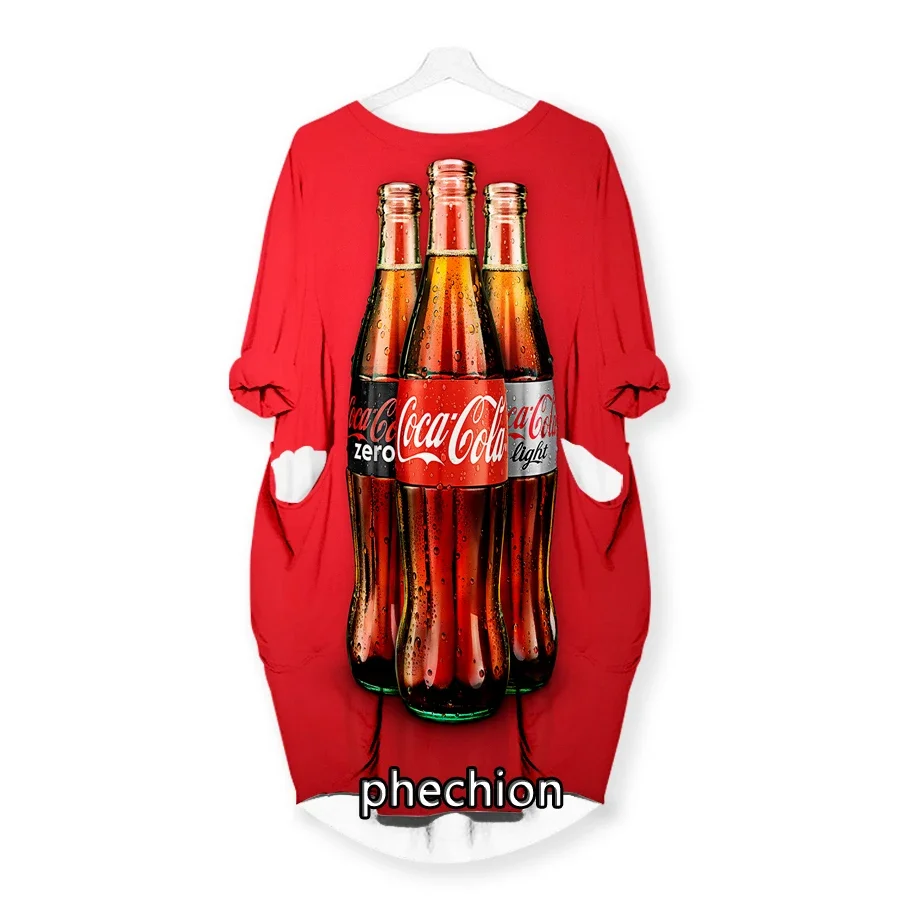 phechion Coke 3D Print Fashion Dresses Casual Mid-length Dress Women Clothing Pocket Long Sleeve Tops W28