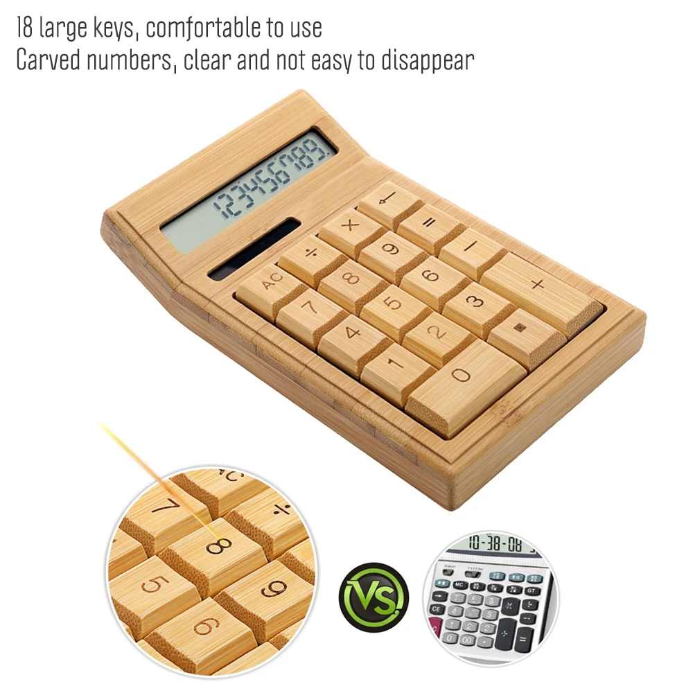 Eco-friendly Bamboo Electronic Calculator Counter Standard Function 12 Digits Solar & Battery Dual Powered for Home Office