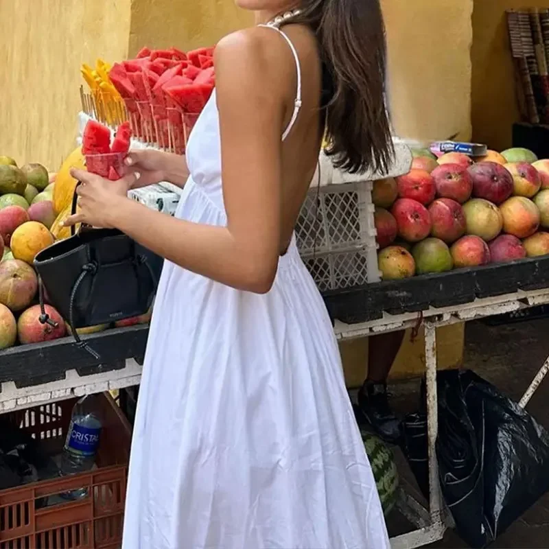 

Women's Backless Midi Dress Waistband V Neck Solid Pullover High Waisted Loose Fitting Camisole A-line Robe New Chic Dress 원피스