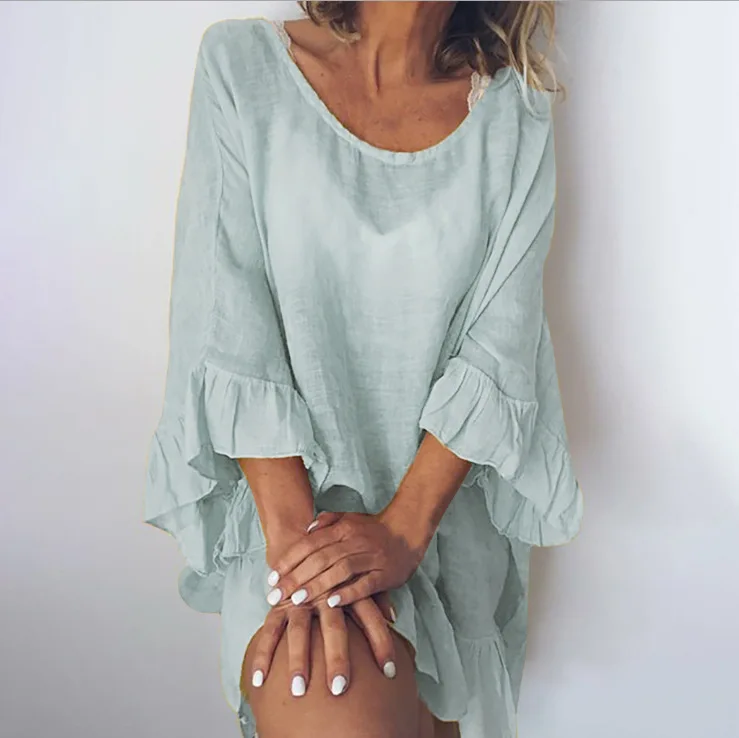 Abito da spiaggia casual ampio Donna Primavera Nuovo O-collo Manica a tre quarti Impiombato ​ ​ Abiti in lino di cotone con volant Grembiule tinta unita