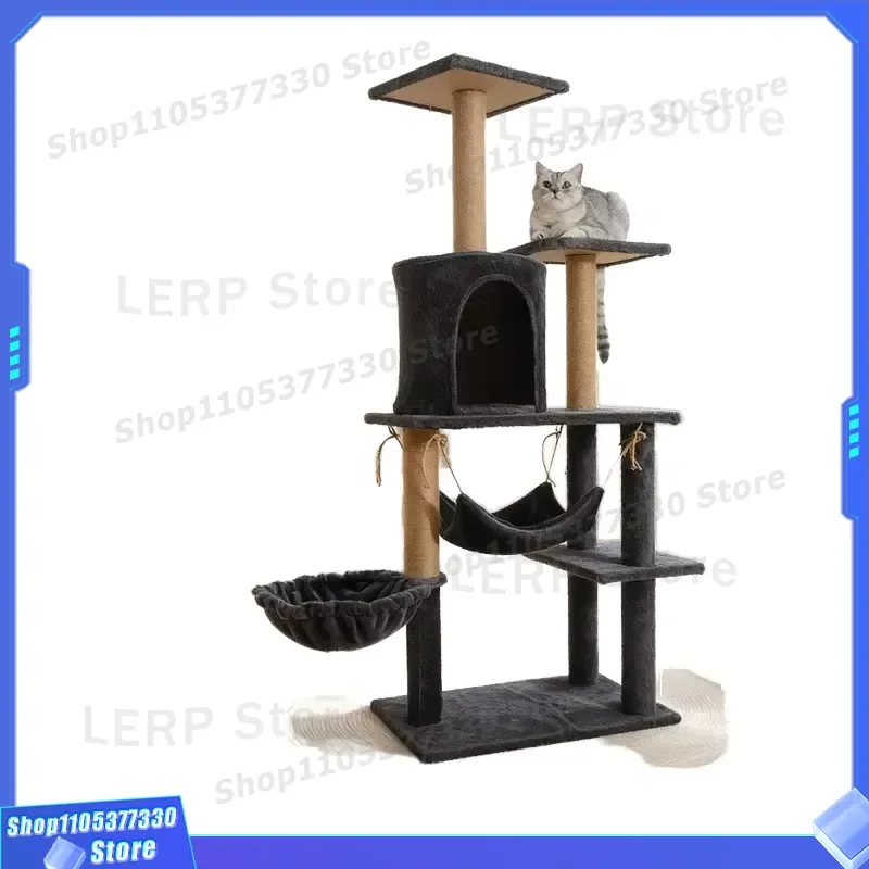 Wooden Cat Tree with Hammock Multifunctional Climbing Frame Scratching Post Two in One Pet Furniture for Indoor Cats