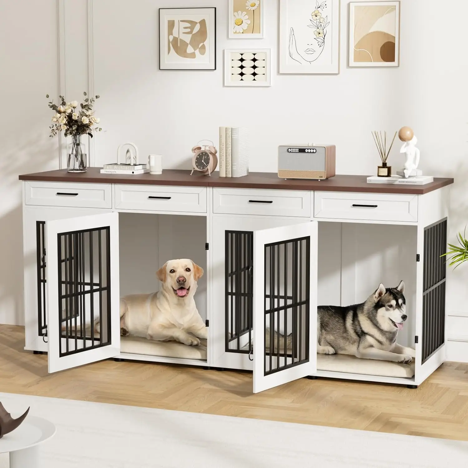 

Мебель-клетка для собак 86,7 дюймов для 2 собак, очень большая двойная клетка-мебель для собак, тумба под телевизор со съемными элементами