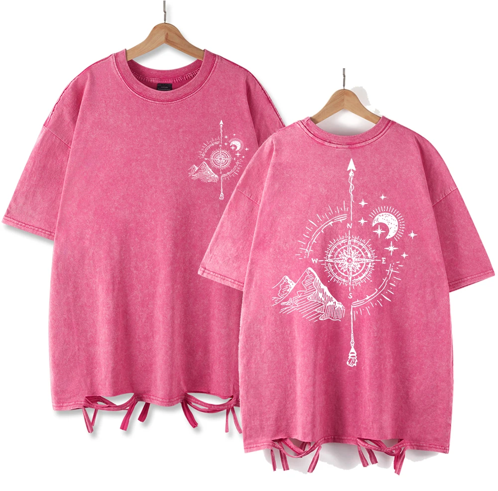 

High Mountain Moon Compass Guides DirectionPrinting Retro Tee Shirt Men Cotton T-Shirt Sport Cloths Washed Holes Unisex Top