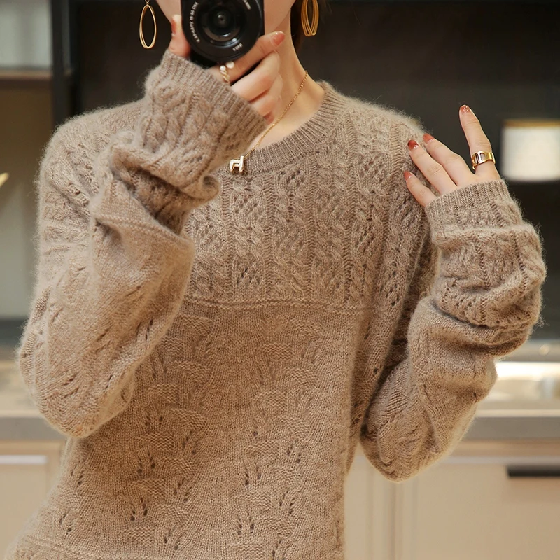 100% pure cardigan women round neck show thin hollow cashmere sweater knitted leggings fall winter loose jumper top