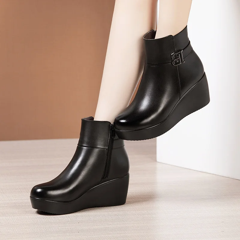High quality short ankle wedge leather boots for women 6cm mid heel platform 32 33 34 autumn winter fashion elegant shoe black