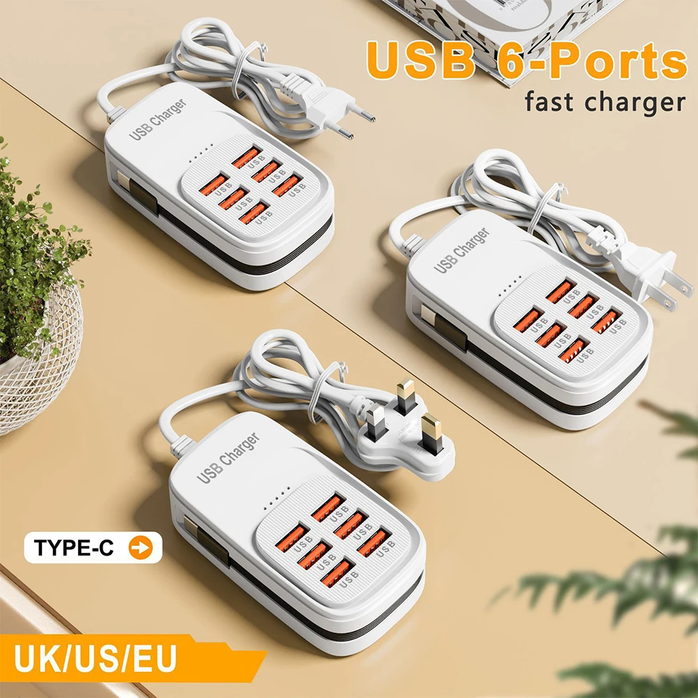 6 Ports USB Fast Charging Charger Type C Wall Charger For iPhone Samsung Xiaomi Huawei Phone Charger EU/US/UK Plug Power Adapter