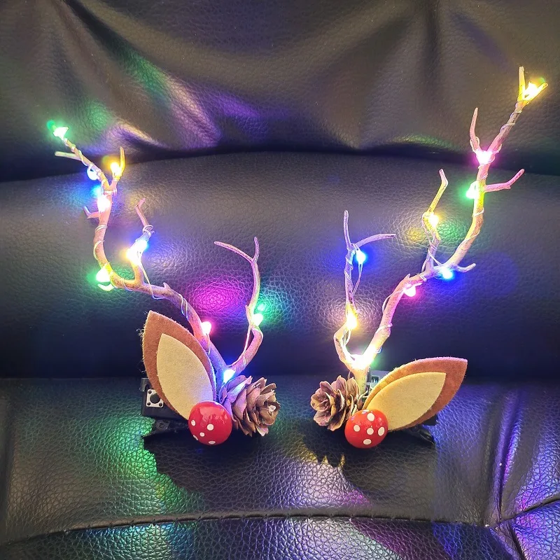 Women Girl Light Blinking  Elk Antler Ear Hair Clip Party Birthday Fairy Horn Head Wear Glow Deer navidad Christmas Decoration