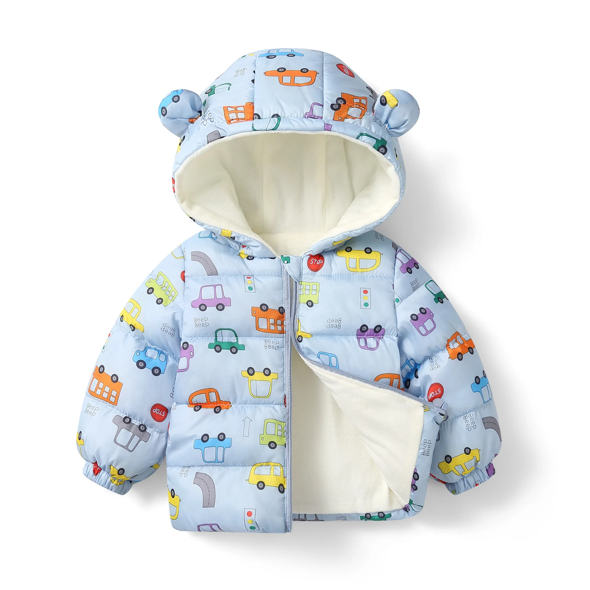 Children Plush and Thick Cotton Jacket Hooded Baby Jacket Boys Fashion Cartoon Print Coat Children Clothing Winter