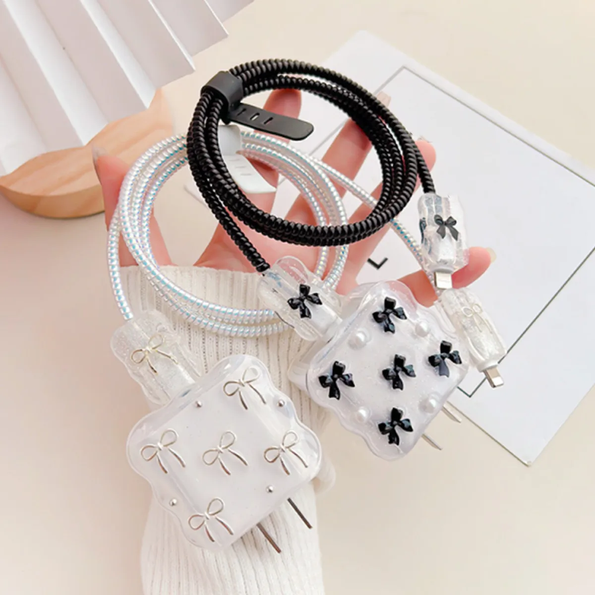 5pcs Pearl Bow Charging Data Cable Protector Winder Accessories For iPhone 18/20w Charger Protective Cover