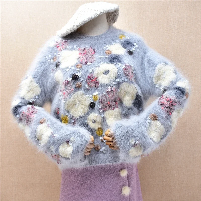 

15 Women Autumn Winter Fashion Beading Sequins Hairy Mink Cashmere Knitted O-Neck Long Sleeves Loose Pullover Sweater Pull
