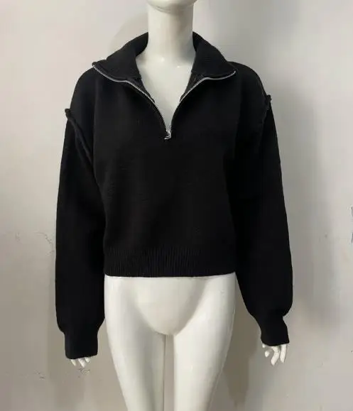 

Women's Sweater Autumn and Winter New Loose Fitting Pullover Solid Color Lapel Knitted Sweater Top Half Zipper Sweater