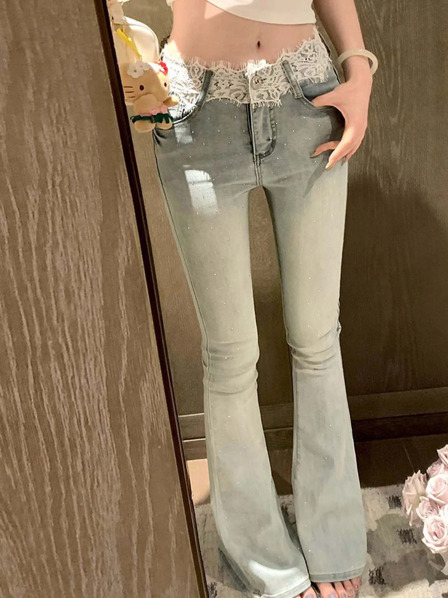 Extended Length Bell Bottom Jeans Low Waist Women's Elastic Sparkle Slim Fit Wide Leg Pants Casual Style Water Washed Denim