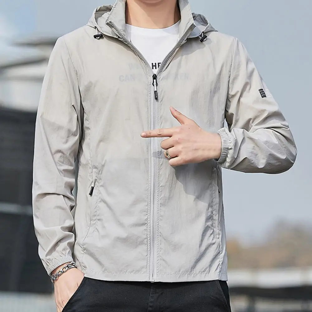 Trendy Sun Jacket Lightweight Solid Color Male Zipper Hood Elastic Cuff Coat Sun Top Breathable