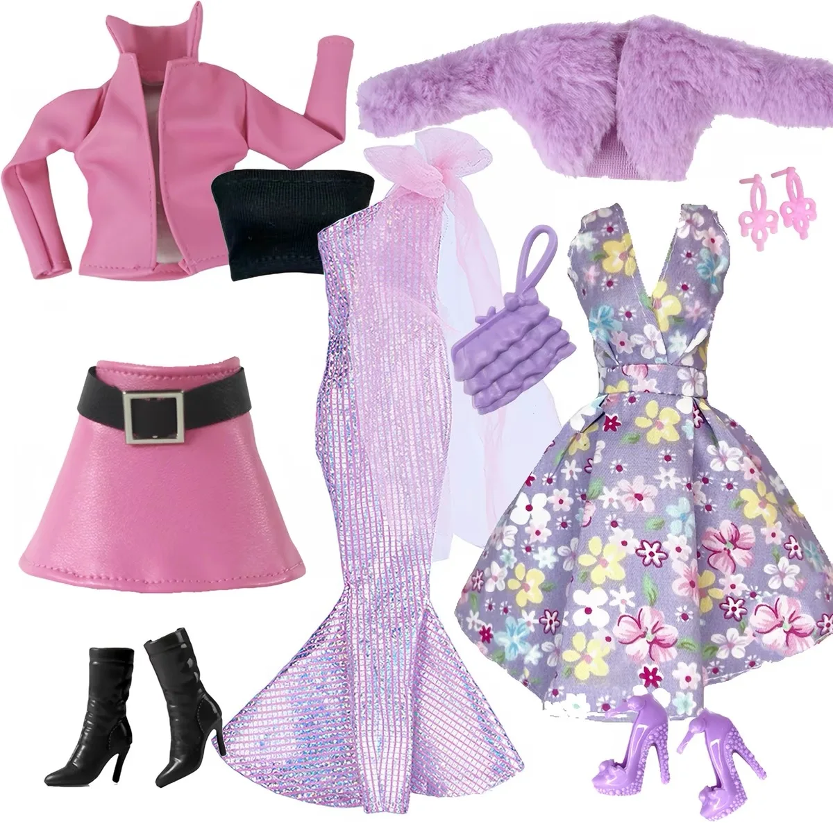 

1/6 Doll Clothes Parts Pink Leather Jacket+Short Skirt+Sparkling One-shoulder EveningGown+Shoe Set For 30cm Babi Supermodel Doll