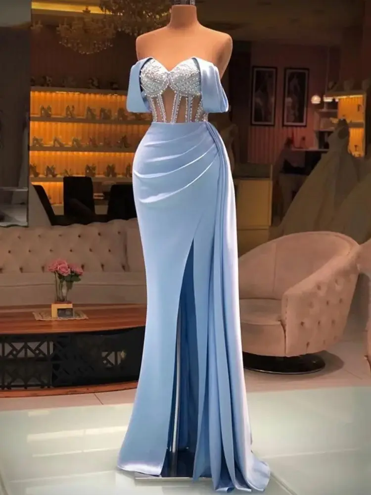 Vestidos de Noche de ilusión con perlas para mujer, Vestidos de baile de trompeta con abertura lateral Sexy, hombros descubiertos, Vestidos de fiesta formales