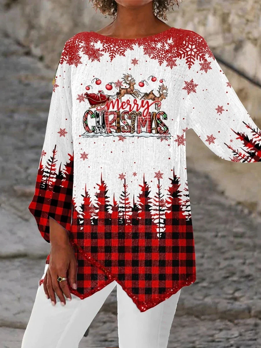 

Plus Size Women Asymmetrical 3/4 Sleeve Scoop Neck Printed Plaid Christmas Tops