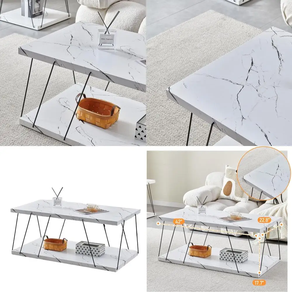 

Elegant Rectangular Marble Coffee Table - Modern White Stone Accent for Your Living Space
