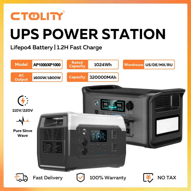 

Портативная электростанция CTOLITY 1800 Вт, 1024 Вт·ч, LiFePO4 аккумулятор, солнечный генератор, розетки переменного тока, чистая синусоидальная волна, для улицы, новинка