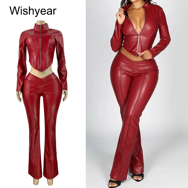 

Streetwear Stretch PU Leather Pants Set Women Long Sleeved Crop Tops Slim and Flare Trousers Suit Zipper Slim Moto Biker Outfits