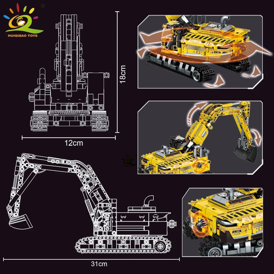 HUIQIBAO Moc Engineering Truck model Building Block Excavator Crane Car City Construction Tech Brick Set For Children Kids Gift