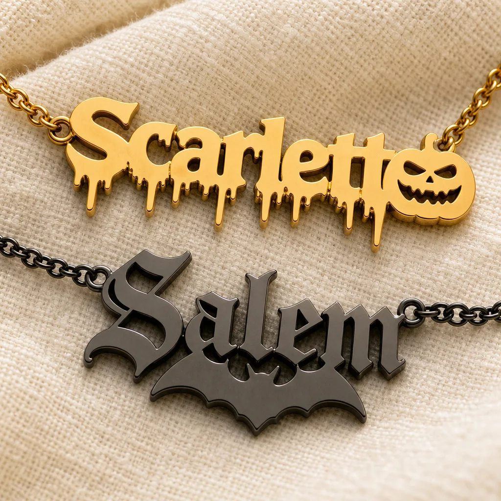 DOREMI Waterproof Tarnish Free Halloween Name Necklace Custom Gothic Old English Spooky Bat Pumpkin Ghost Jewelry Gift Necklace
