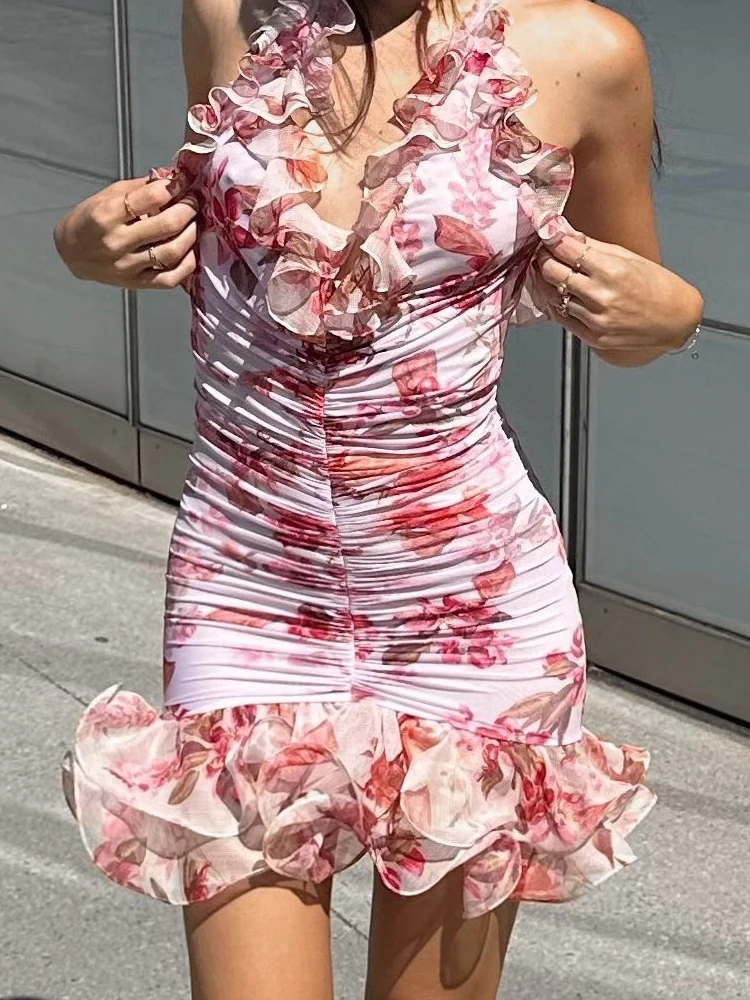 Sexy mini-jurk met bloemenruches en ruches – mouwloze zomerse bodycon strandvakantiejurk met V-hals voor dames