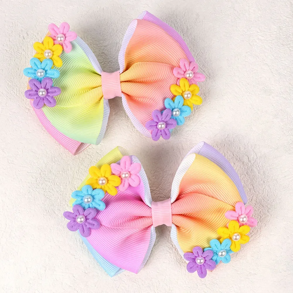 2Pcs Colorful Hair Flower Clips Cute Pearl Barrettes Headwear Sweet Floral Hairpins For Kids Fashion Party Hair Accessories