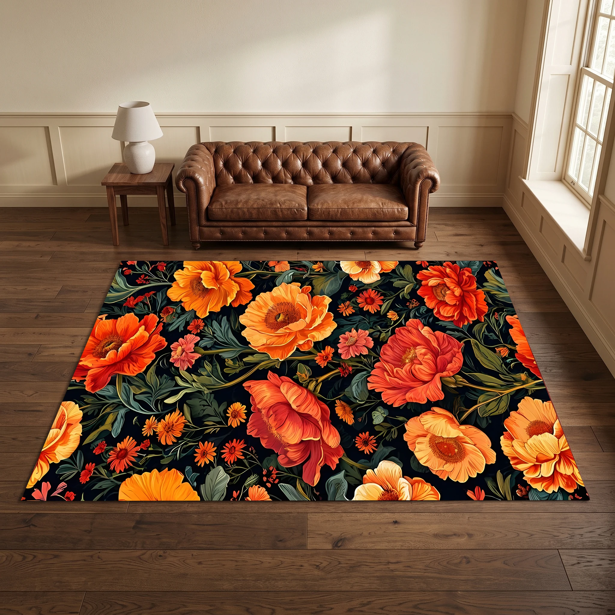 Vintage Oil Painting Style Orange-Red Floral Velvet Rug, American Retro Style Autumn/Winter Living Room, Bedroom, Bedside Rug, Creating a Full Autumn Harvest Atmosphere