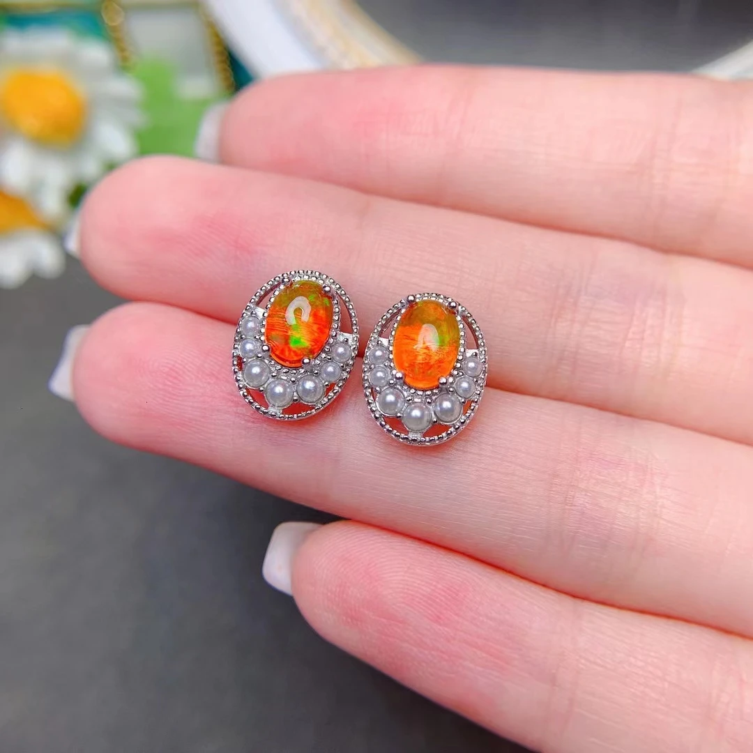 Brilliant Fire Opal Stud Earrings for Daily Wear 5mm*7mm Natural Opal 925 Silver with 3 Layers Gold Plating Prevent Allergy