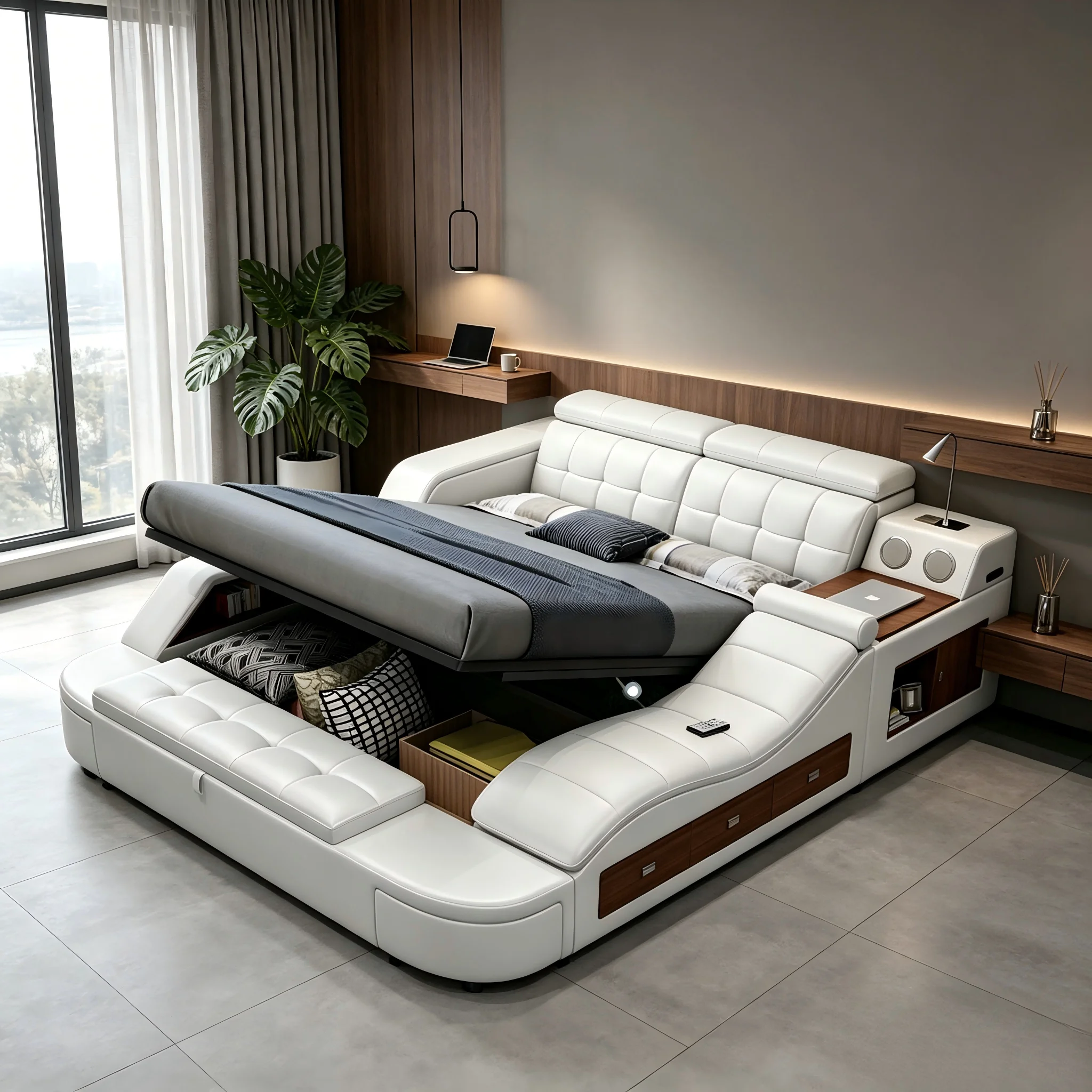 MS- Multifunctional Led Adjustable Smart Electric Massage Bed for king Smart Hotel Solid Wood Luxury Modern Bedroom Furniture&