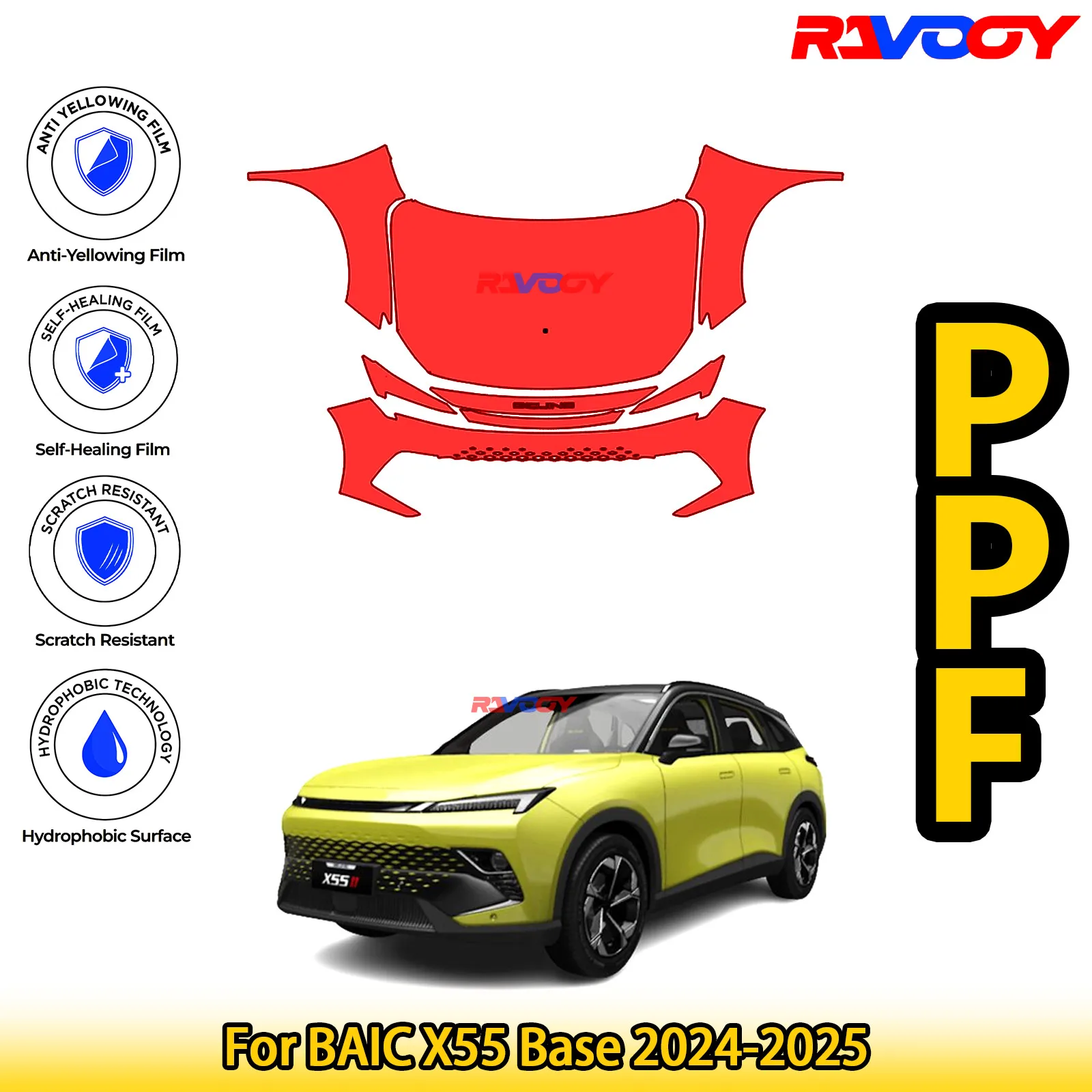 

Для BAIC X55 Base 2024-2025 глянцевая матовая черная предварительно вырезанная передняя защитная пленка PPF Kit