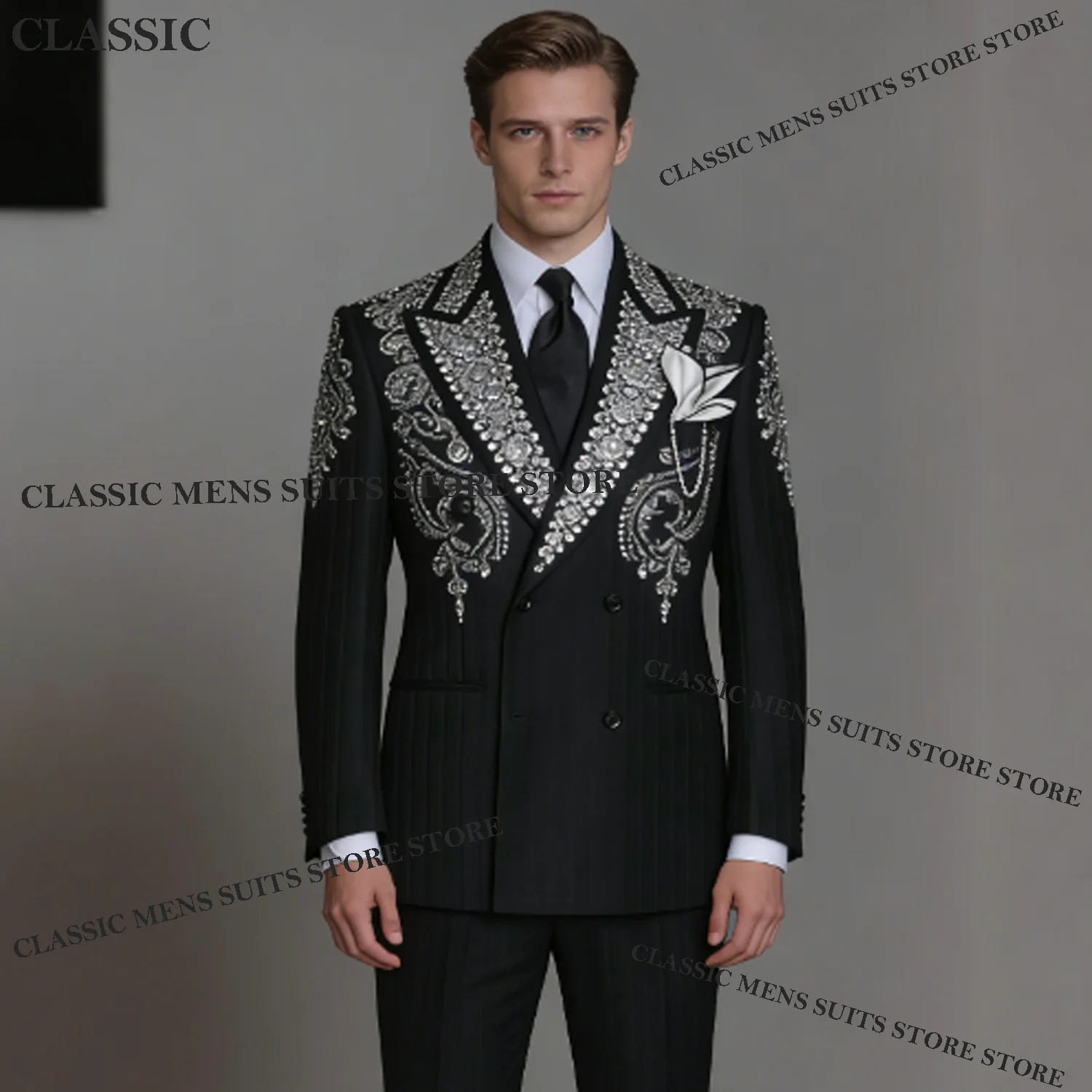 High Quality Crystal Men Suits 2 Pieces Set Male Party Blazers Luxury Groom Evening Tuxedos Slim Sequin Costume Homme Customized