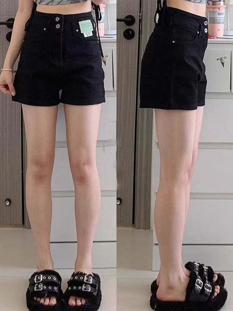 

High Waist Wide Leg Black Denim Shorts Women's Summer Loose Fit A-Line Straight Cut Hot Pants Casual Zipper Style Jeans