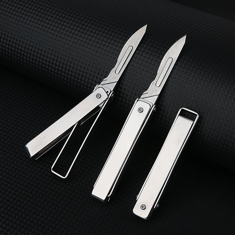 New Stainless Steel Folding Scalpel Portable Mini Key Chain EDC Outdoor Box Opening Pocket Knife with 10 Replaceable 24 # Blades