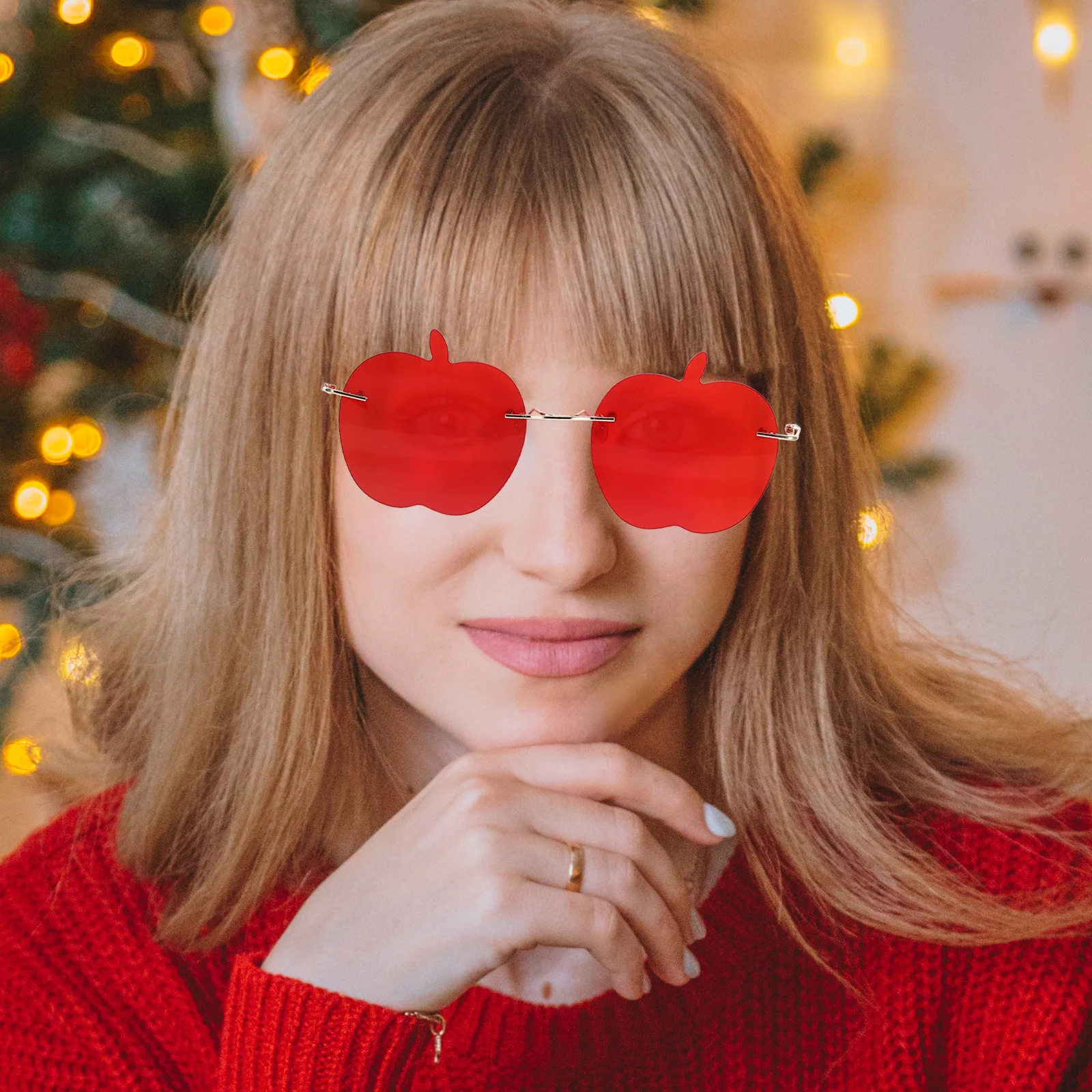 

1pc Apple Frameless Sunglasses for Women Red Decorative Eyewear Party Photo Prop Lightweight Rimless Glasses Summer Halloween