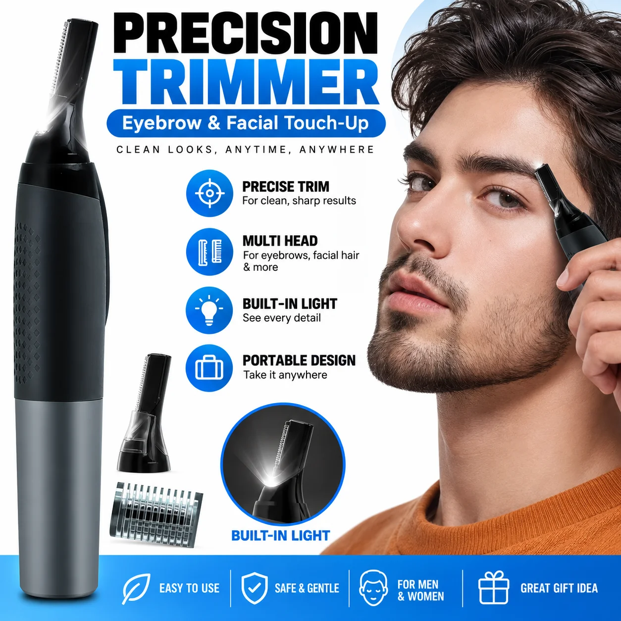Multifunctional Eyebrow Trimmer, Electric Eyebrow Razor for Men, Nose Hair Trimmer, Rechargeable Facial Hair Shaver Painless Detail Trimmer with Sharp Blade for Eyebrows, Sideburns, Nose And Ear Hair