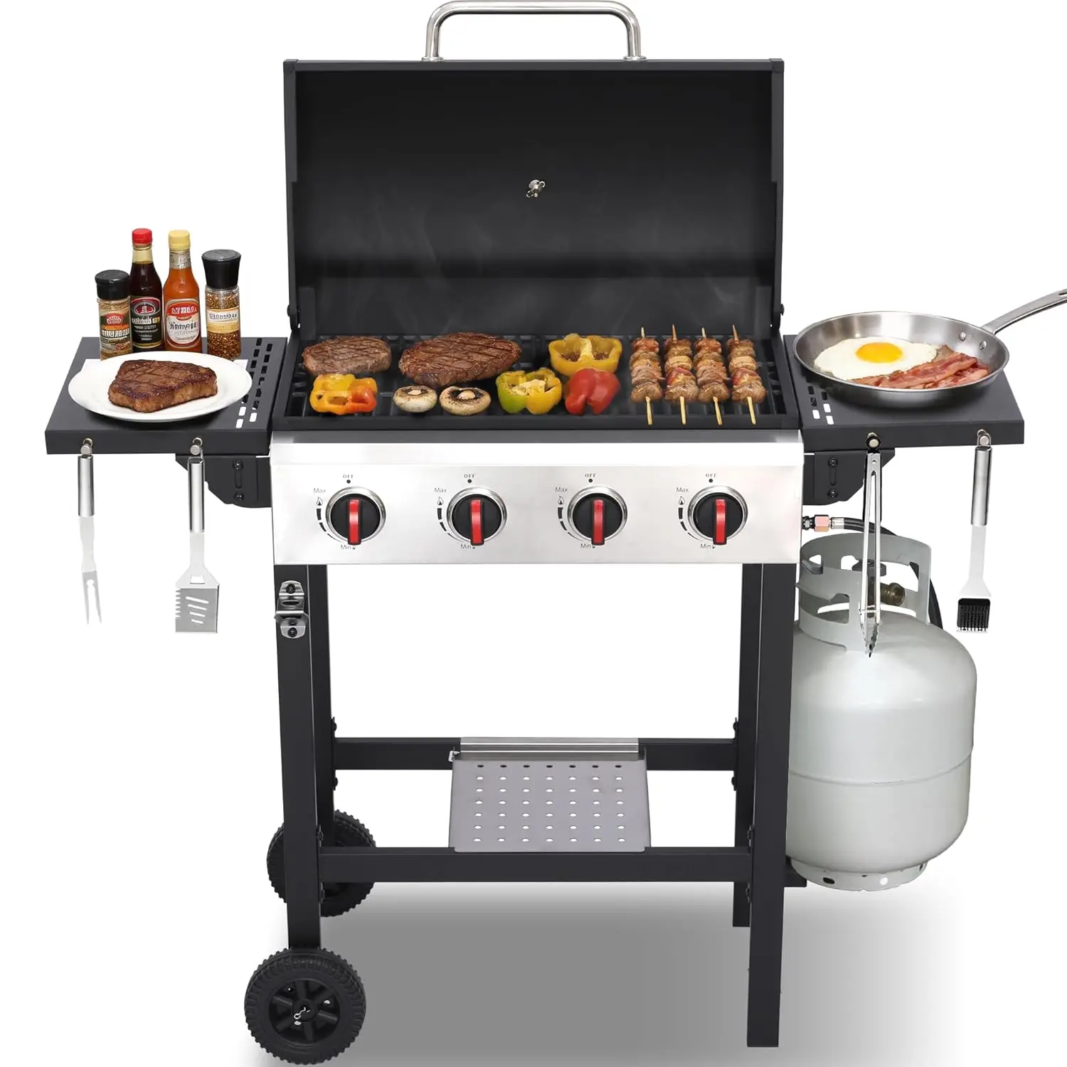 

Газовый гриль на 4 конфорки с чугунными решетками, 302 кв. дюйма, компактный, для 2-4 человек, портативный, для улицы, на заказ