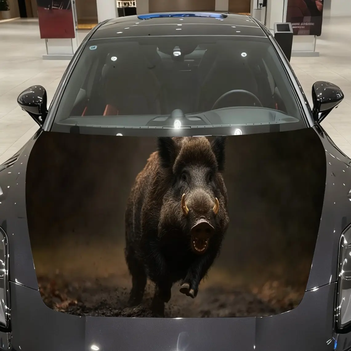 

Mud-Running Tusked Wild Boar Car Vinyl Wrap, PVC Material Waterproof Car Hood Sticker, Self-Adhesive Scratch-Resistant Stickers