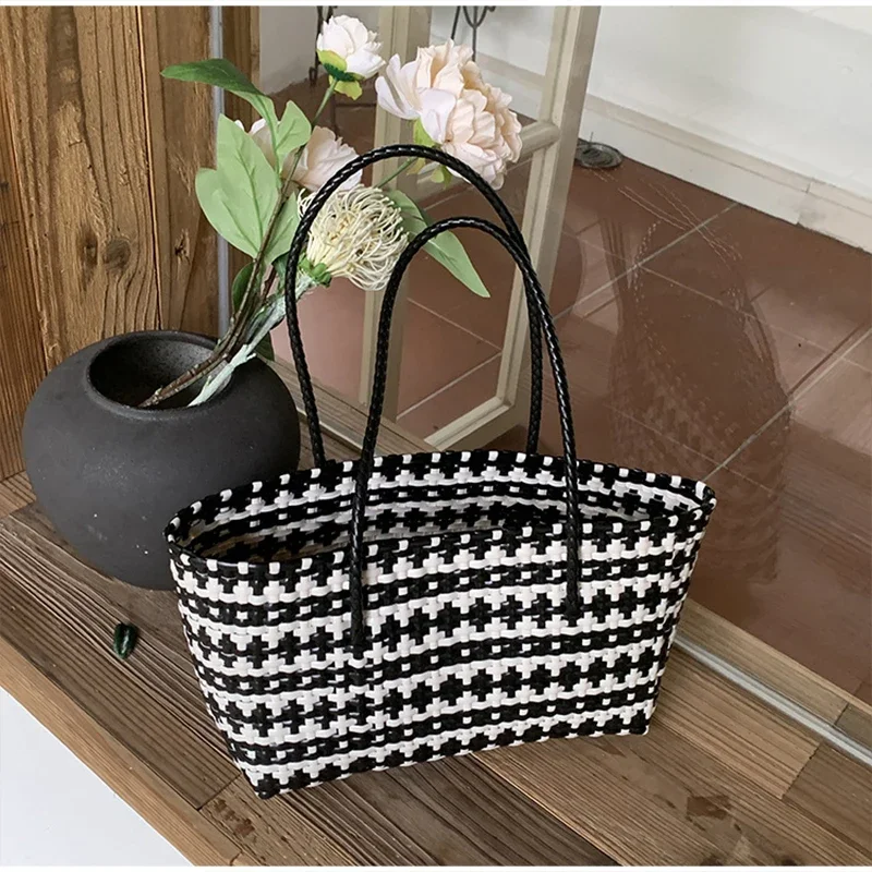 Handgefertigte Colorblock-Webtasche, Damen-Sommer-Tragetasche, Sommer-Einkaufstasche für Strandurlaub, Picknick, Haustiertransport – Detail 23