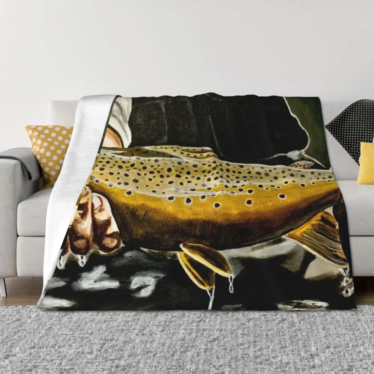 

North Platte Brown - Trout Painting Throw Blanket Sofas Comforter Plush Blankets