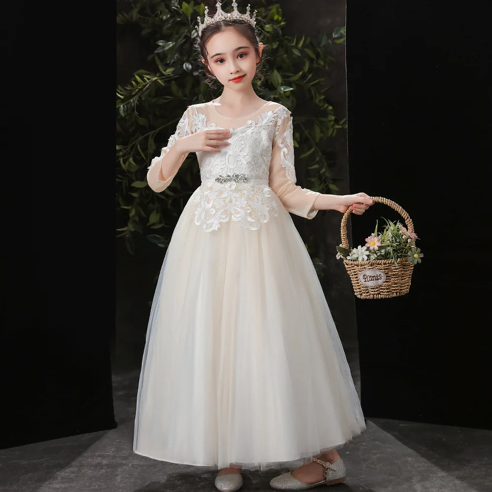 ELBCOS 6-14T Kid Girls Embroidery Solid Color Long Sleeve Beading Bow Belt Straight Skirt Costumes Evening Full Layered Dress