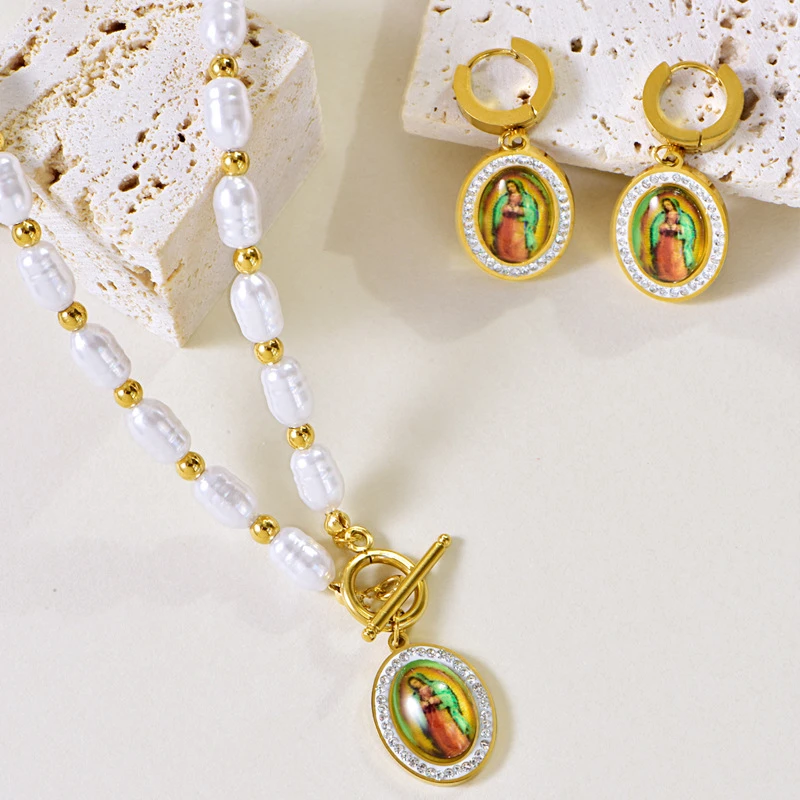 여성용 진주 하트 임베드 지르콘 버진 메리 참 체인 초커 목걸이 귀걸이, 316L 스테인레스 스틸, 새로운 패션 파인 주얼리