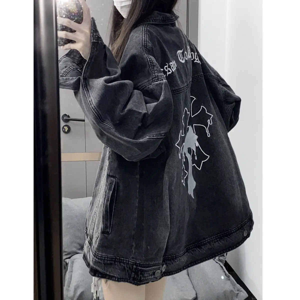

plus Size Women's Casual American Vibe Denim Jacket Spring Autumn Vintage Couple Workwear Style Loose Fit Long Sleeve Top