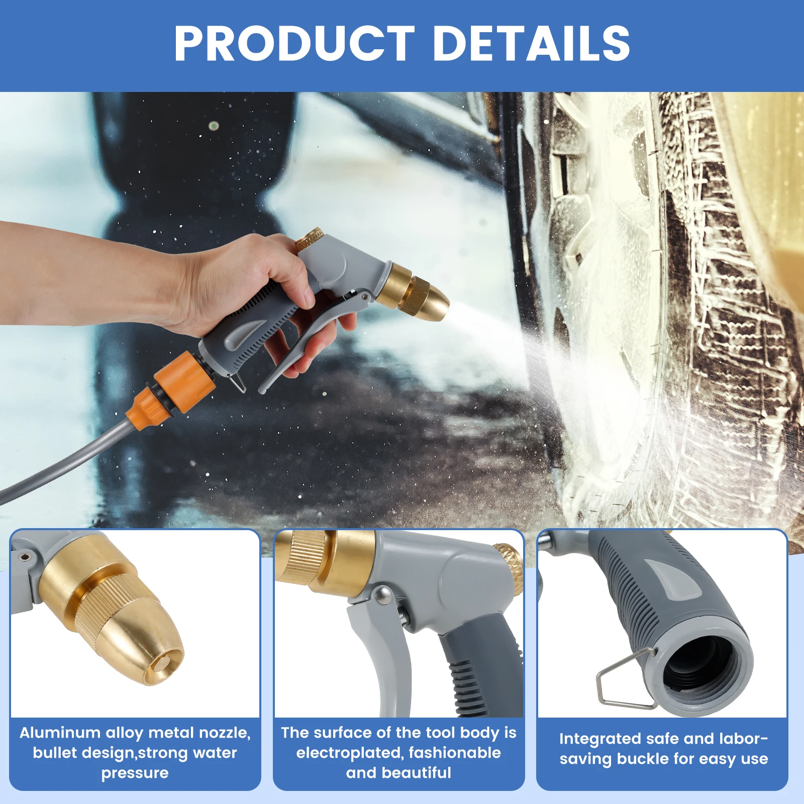 Garden Hose Nozzle Sprayer US Solid Brass Water Hose Hand Sprayer 3/4inch Thread High Pressure Water Nozzle Adjustable Mode Car