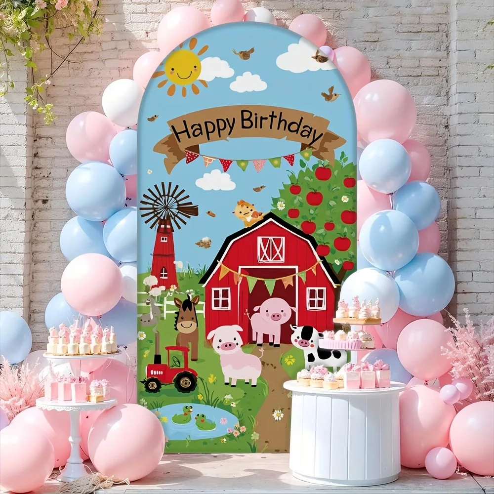 Farm Happy Birthday Cake Table Background Decorations 2-sided Red Barn Wild Animals Children Birthday Party Arch Backdrop Covers