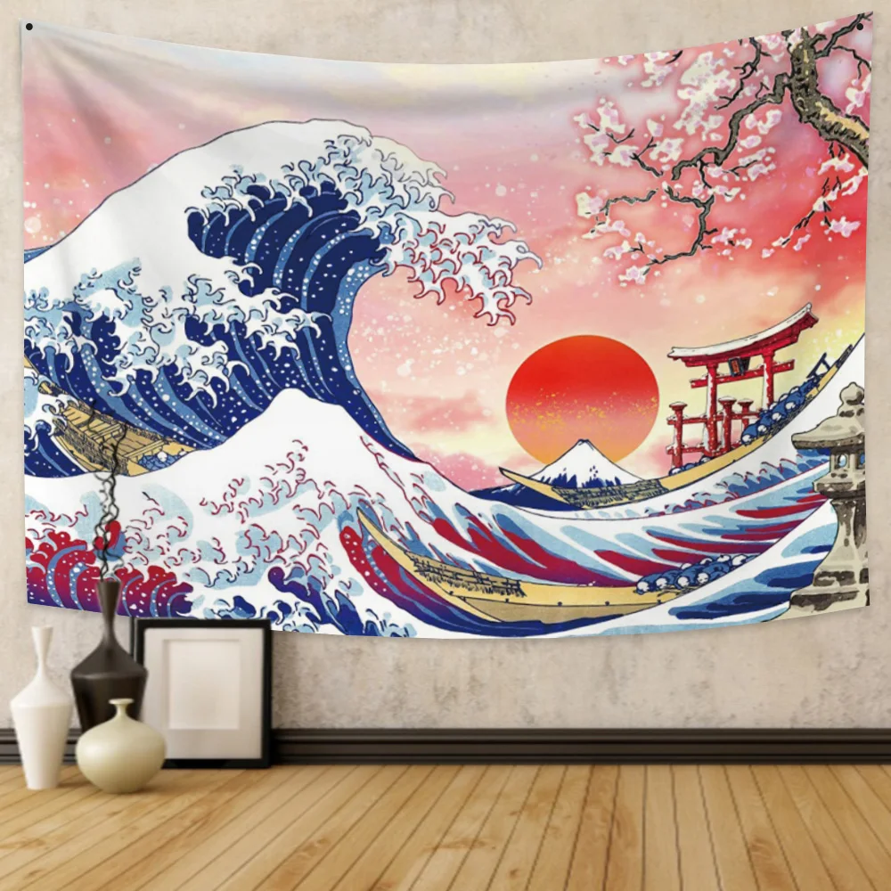 The Great Wave Japanese Ocean Wave Wall Hanging Decorations Cherry Blossom Tree Sunset Backdrop Kanagawa Tapestry for Home Decor