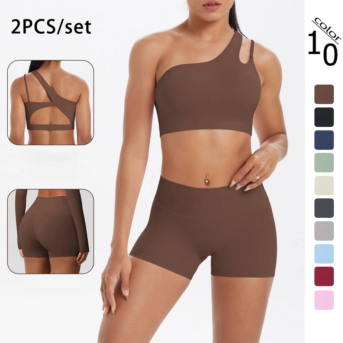 2PCS Woman Gym Set Quick Drying Sportswear Sexy Beautiful Back Single Shoulder Vest Summer Breathable Hip-lifting Fitness Shorts