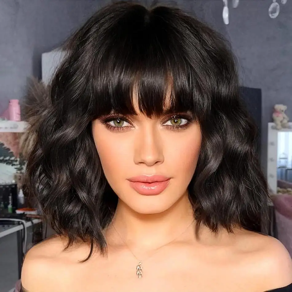 

Bob Wigs Body Wave Wig With Bangs Human Hair Wig 3X1 Middle Part Lace Brazilian Wig Full Machine Made Fringe Bob Wig 10 12 Inch