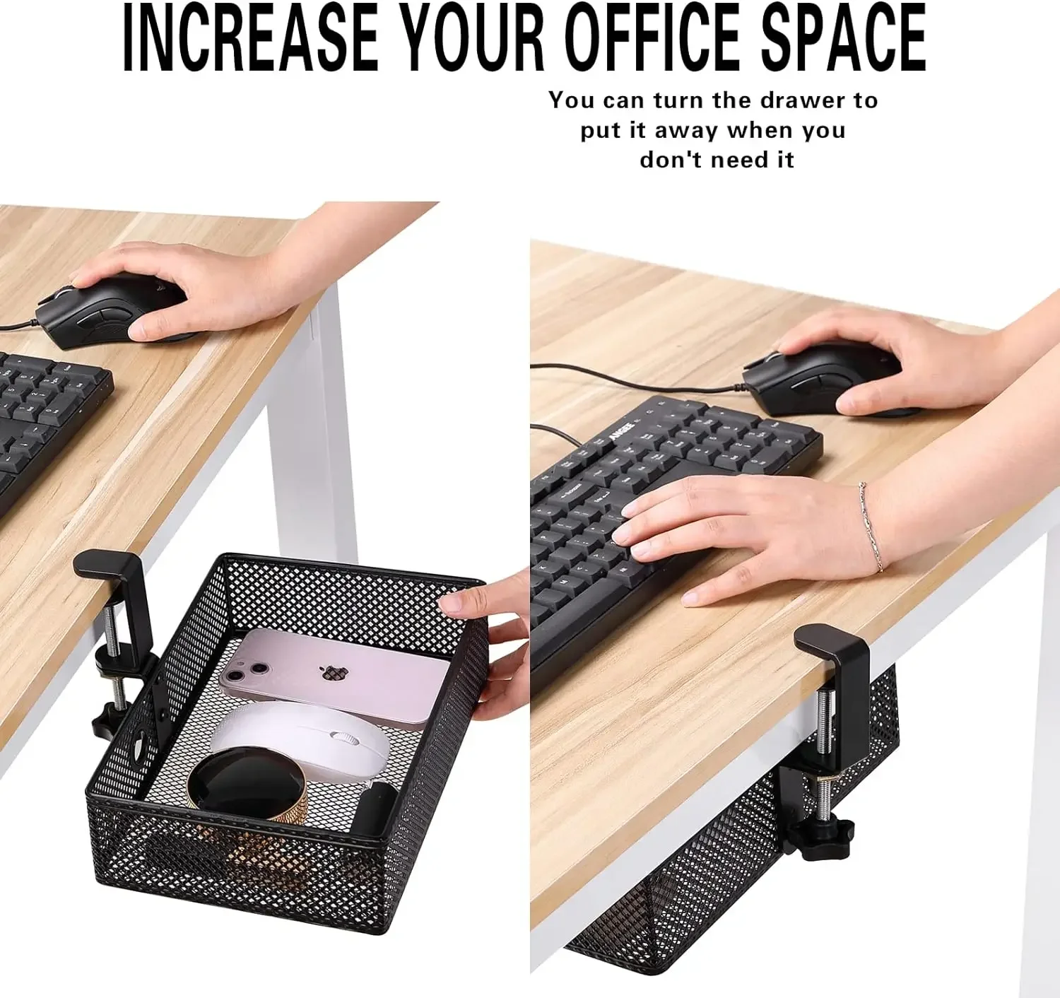 Mesh Desk Organizer and Clamp-on Swivel Pencil Drawer, Desk Hidden Extra Sturdy C-Clamp Mount System and Easy to Instal