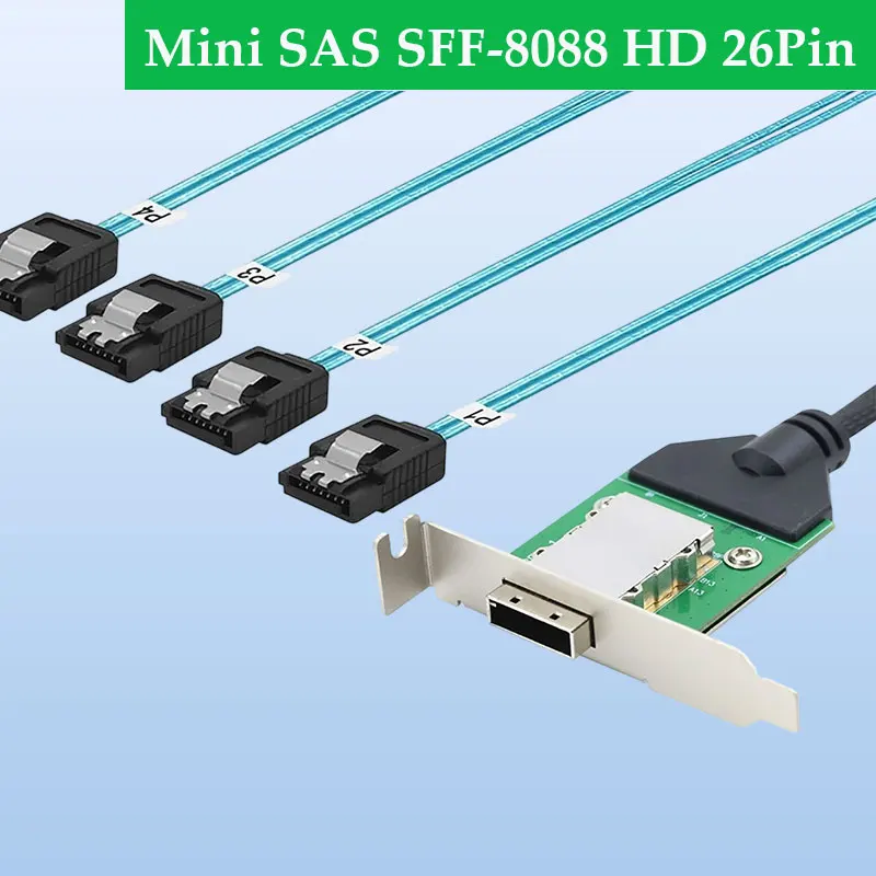 

ADT-Link Mini SAS SFF-8088 HD 26-контактный удлинительный кабель с гнездовой головкой до 180 градусов 4 * SATA Высокоскоростной серверный кабель Длина 0,5 м